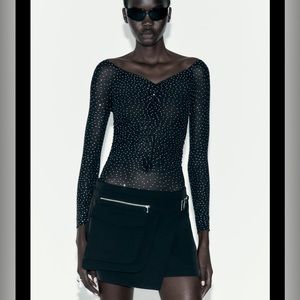 Zara Black Sheer Off-Shoulder Rhinestone-Studded Bodysuit